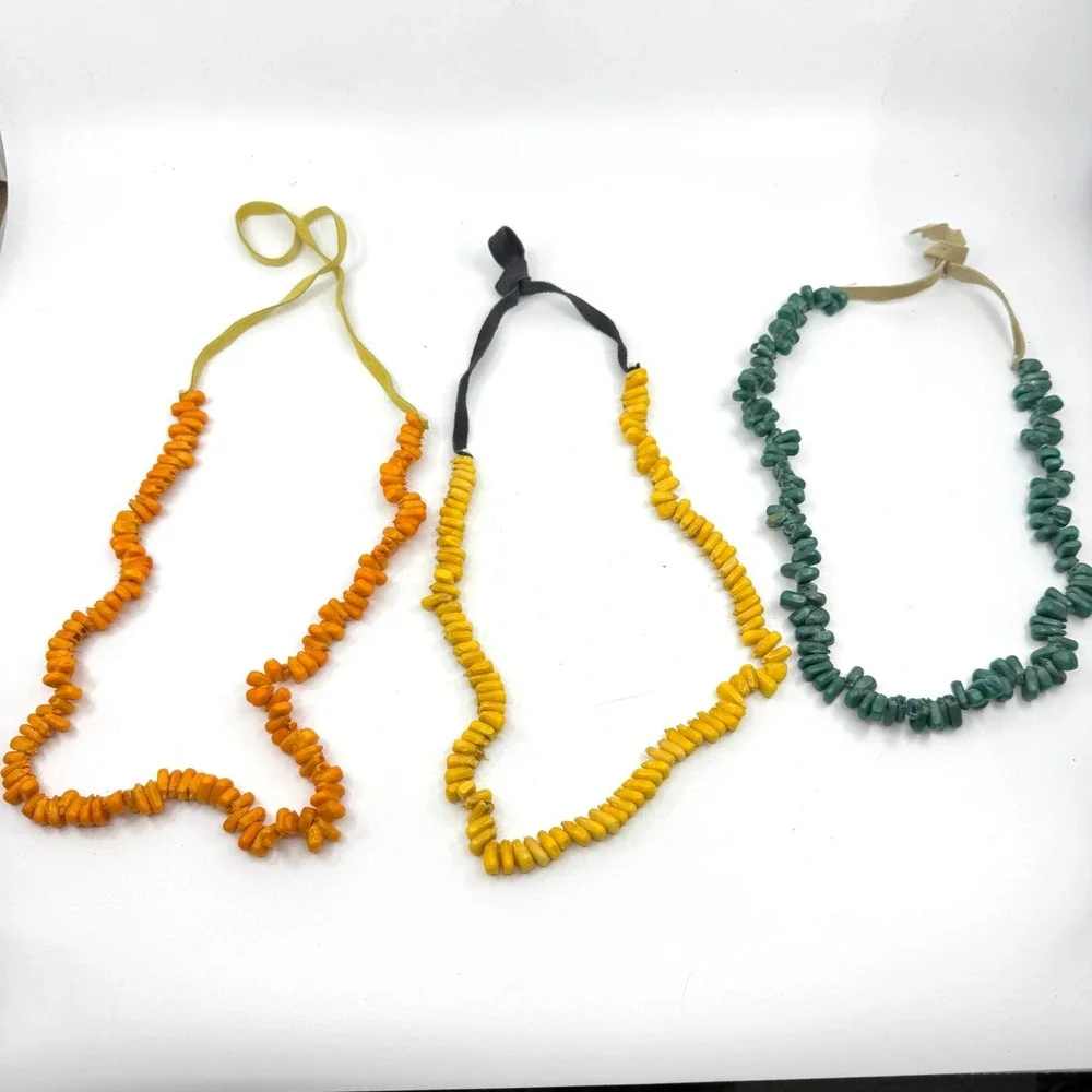 Necklace Lot 3 Vintage Boho Statement Chunky Bead Ribbon Tie Orange Yellow Green